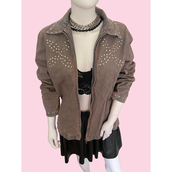 Vintage 90s Festival Punk Gothic Denim Jean Jacket with Rhinestones Studio West - Picture 1 of 9